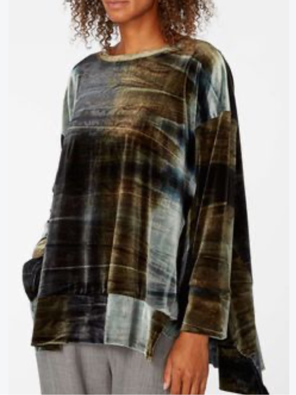 Alembika Velour Trapeze Asymmetric Pullover Top Grey Brown Size Small